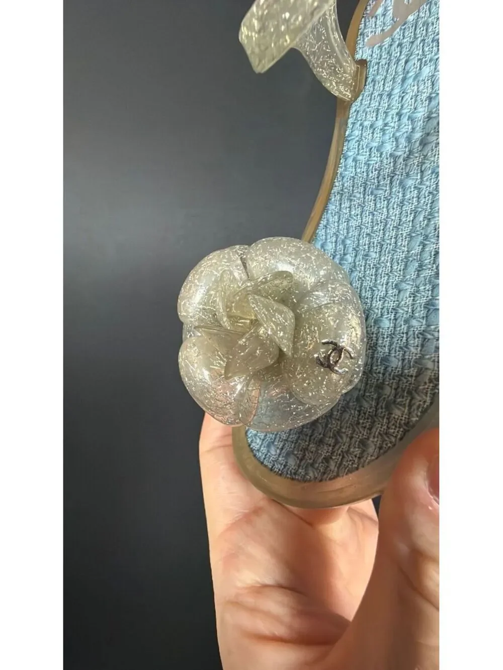 Chanel Blue Glitter Camellia Jelly Sandals Size 35